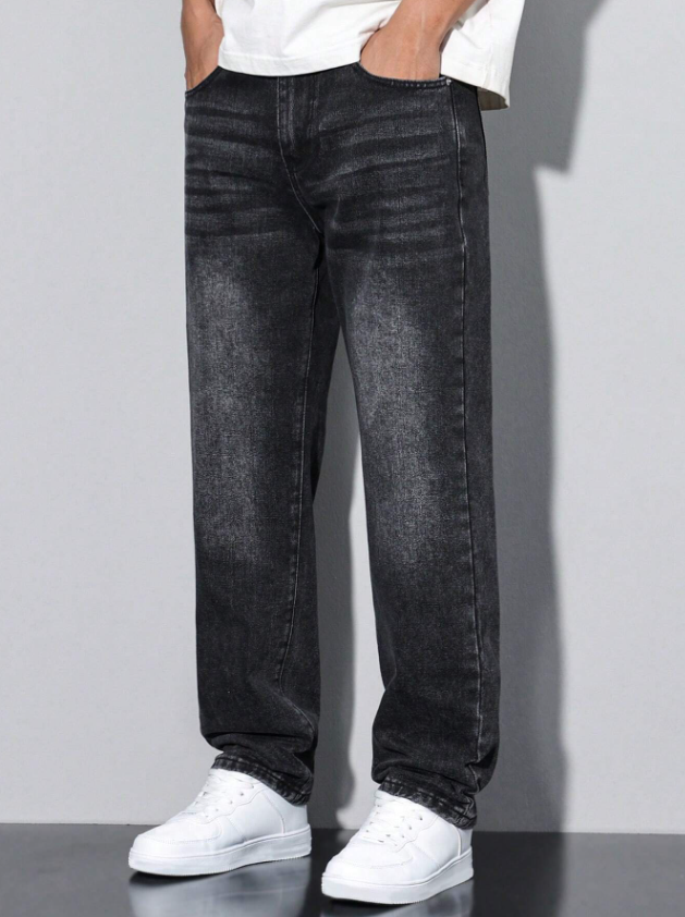 Men Washed Black Denim Straight Jeans