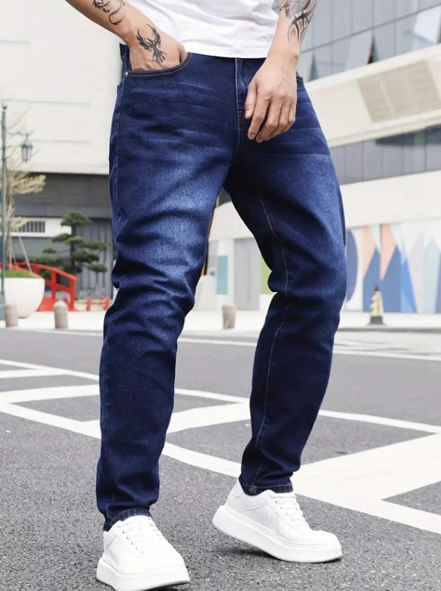 Men Blue Washed Denim Jeans, Slim Fit, With Pocket Trim