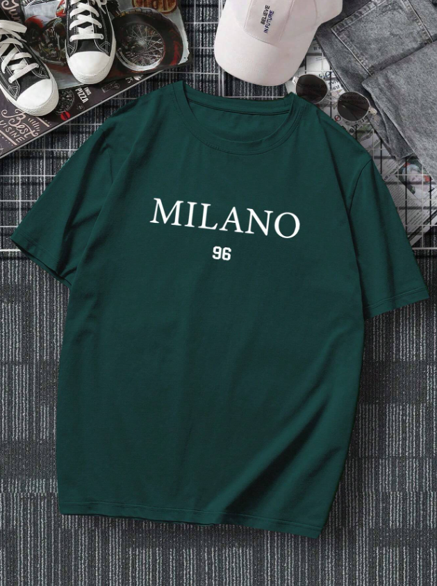 Men Casual Green Short-Sleeved T-Shirt With ''Milano'' Graphic