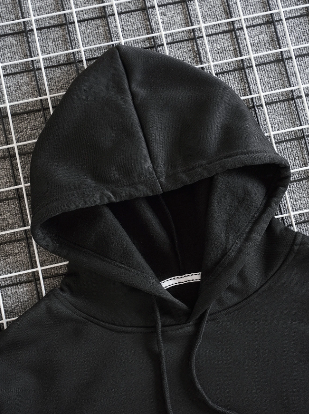 Men’s Black Solid Color Long Sleeve Drawstring Pocket Hoodie
