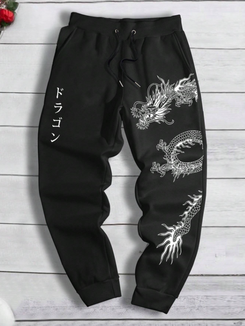 Men’s Black Sweatpants with Dragon & Japanese Letter Print
