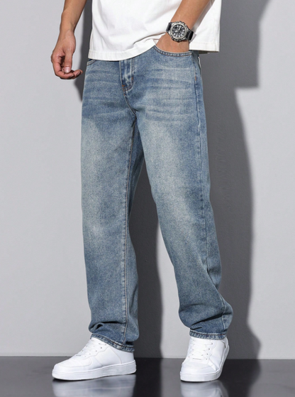 Men Washed Blue Denim Straight Jeans