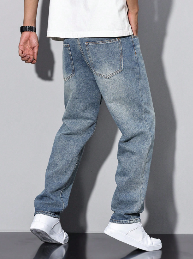 Men Washed Blue Denim Straight Jeans