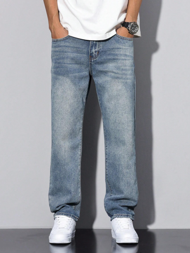 Men Washed Blue Denim Straight Jeans