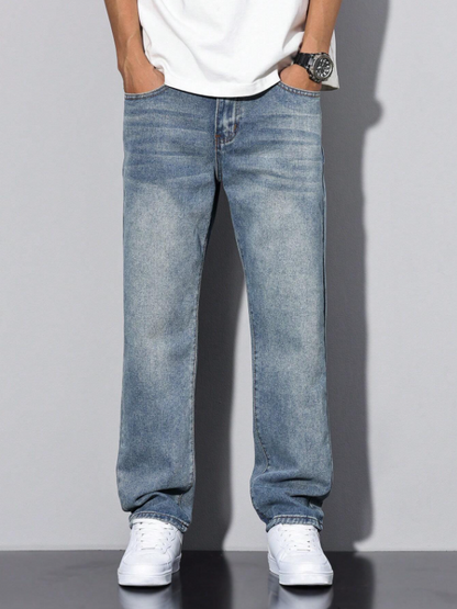 Men Washed Blue Denim Straight Jeans