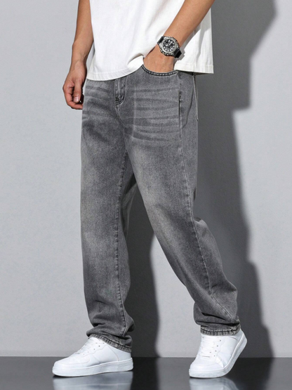Men Washed Grey Denim Straight Jeans