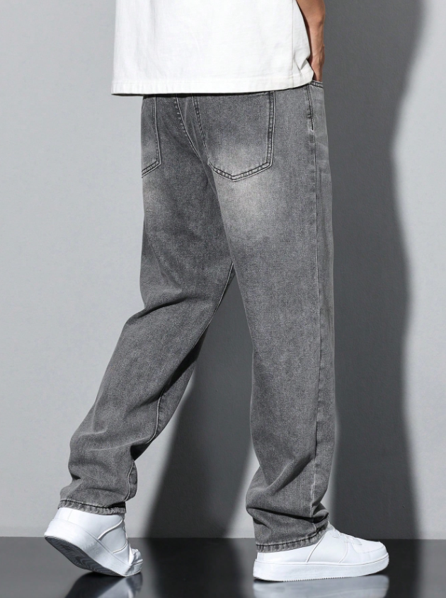 Men Washed Grey Denim Straight Jeans