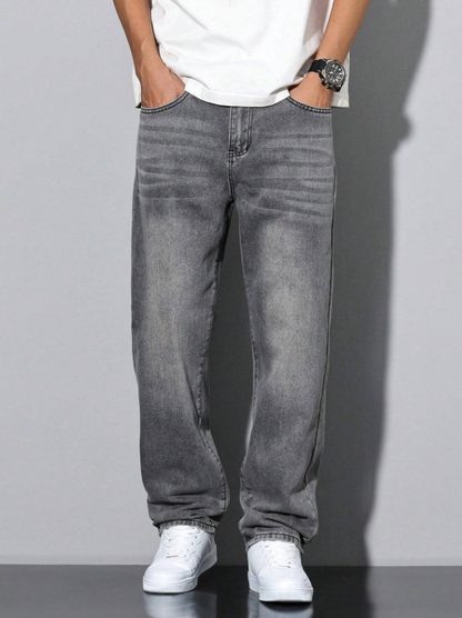 Men Washed Grey Denim Straight Jeans