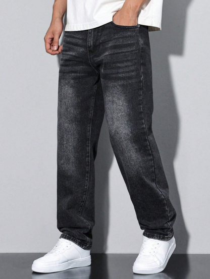 Men Washed Black Denim Straight Jeans