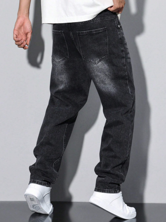 Men Washed Black Denim Straight Jeans