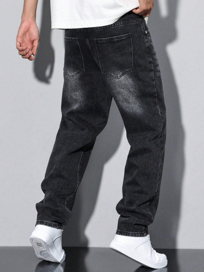 Men Washed Black Denim Straight Jeans