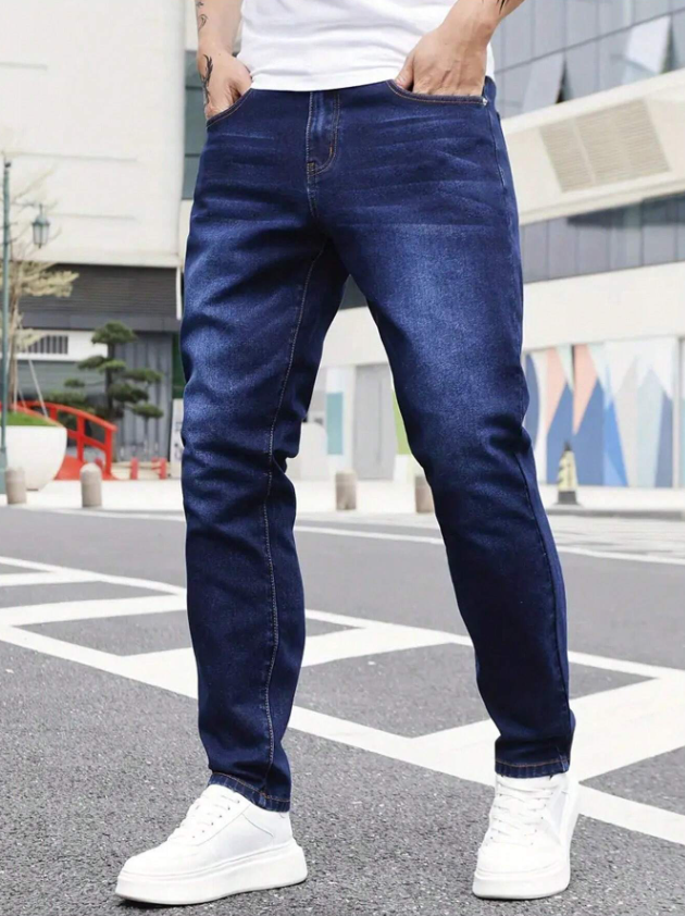 Men Blue Washed Denim Jeans, Slim Fit, With Pocket Trim