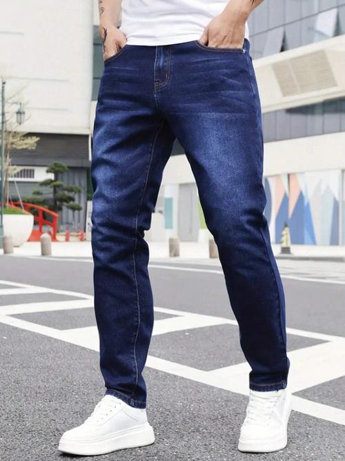 Men Blue Washed Denim Jeans, Slim Fit, With Pocket Trim