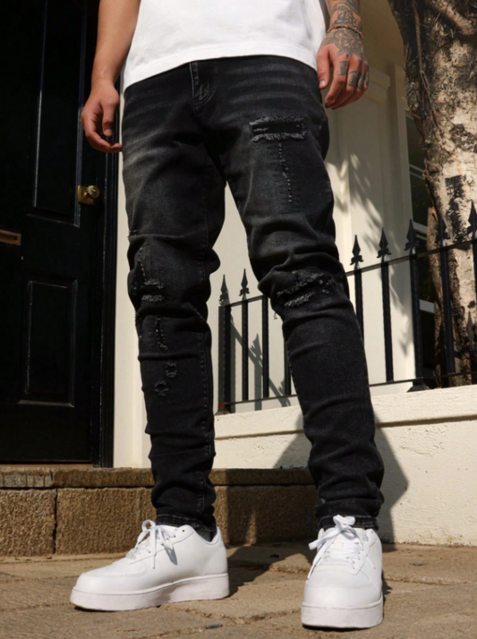 Men Black Denim Jeans, Distressed look, Slim Fit, Casual Style