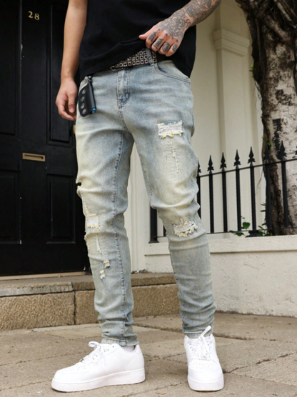 Men Blue Denim Jeans, Distressed look, Slim Fit, Casual Style
