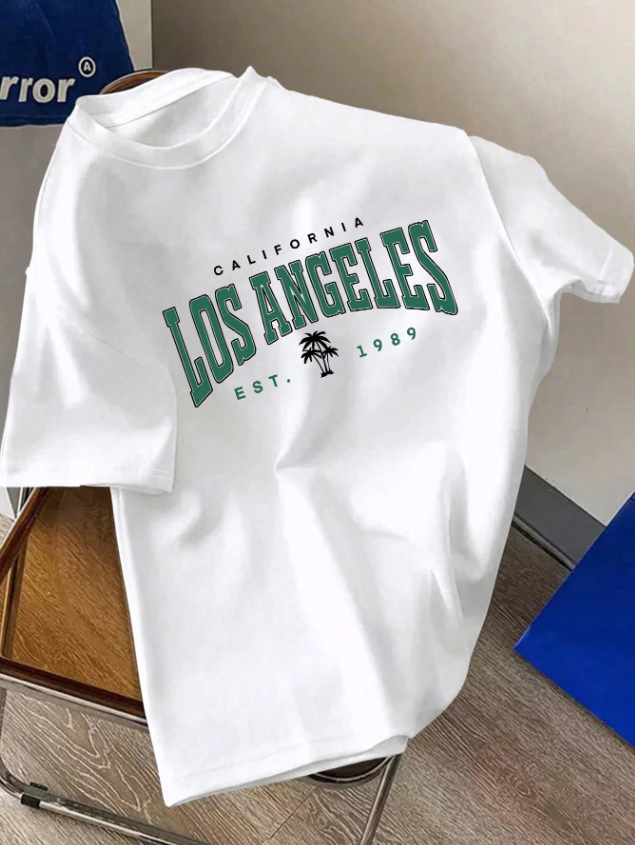Men White Knitted Fabric T-Shirt With Los Angeles Graphic