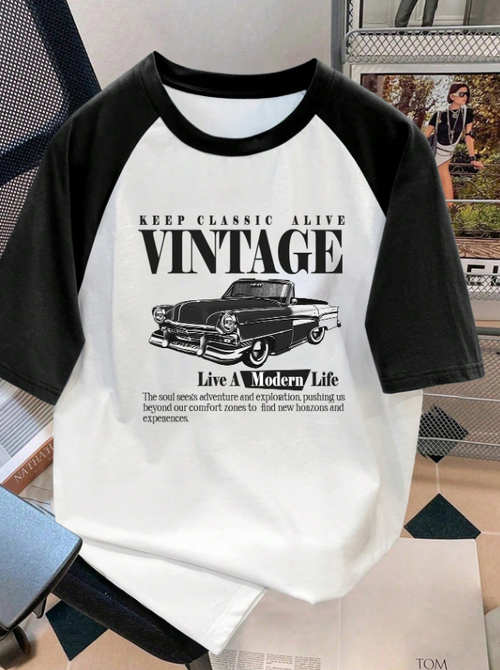 Men Casual Retro Car Pattern Raglan T-Shirt