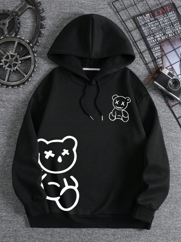 Men’s Casual Black Hoodie with Bear Print