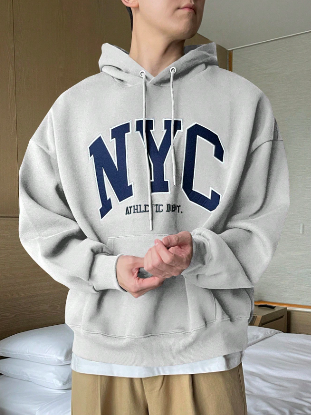 Men’s Casual Grey Hoodie with NYC Letter Print