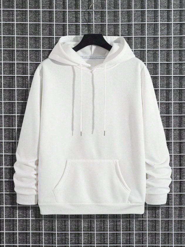 Men’s White Solid Color Long Sleeve Drawstring Pocket Hoodie