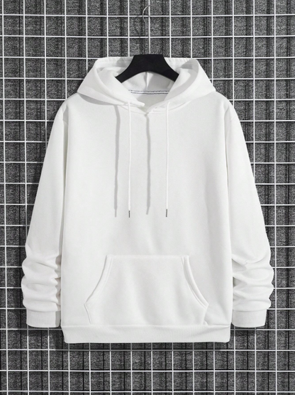 Men’s White Solid Color Long Sleeve Drawstring Pocket Hoodie