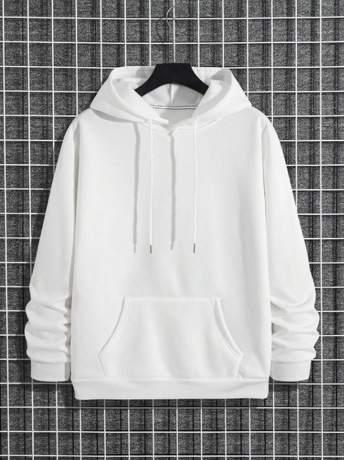 Men’s White Solid Color Long Sleeve Drawstring Pocket Hoodie