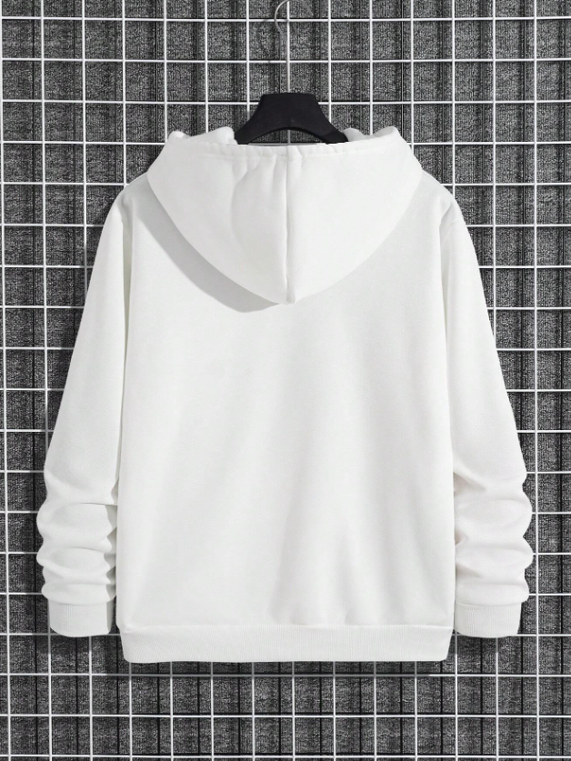 Men’s White Solid Color Long Sleeve Drawstring Pocket Hoodie
