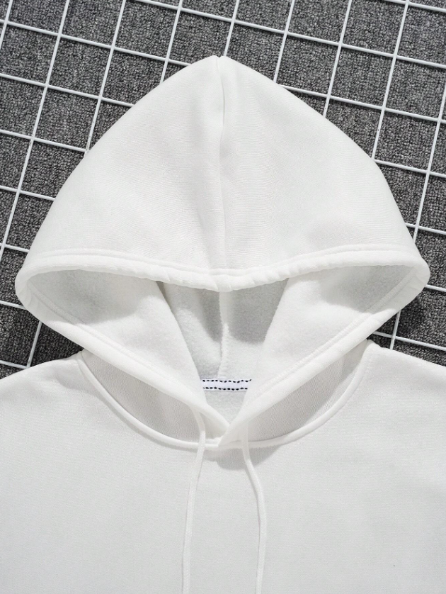 Men’s White Solid Color Long Sleeve Drawstring Pocket Hoodie