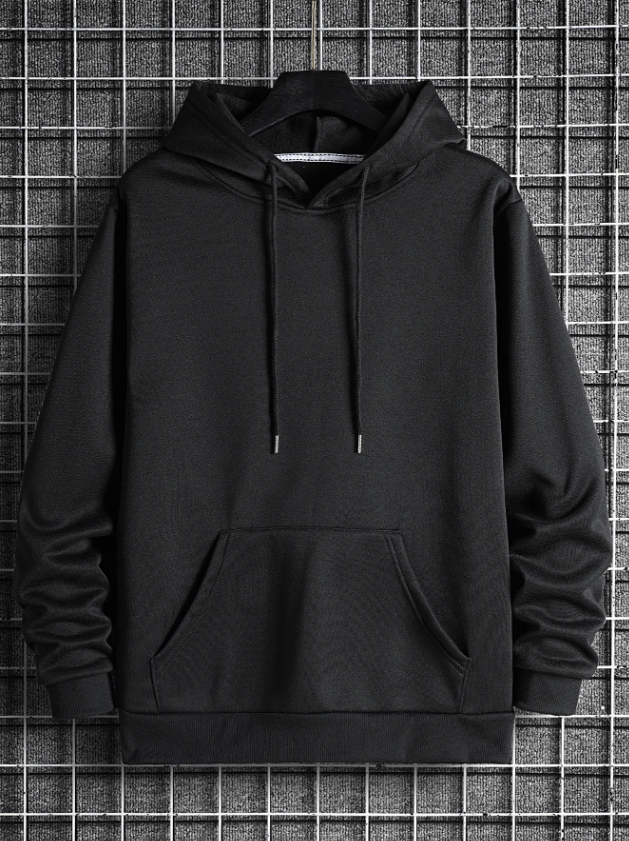 Men’s Black Solid Color Long Sleeve Drawstring Pocket Hoodie