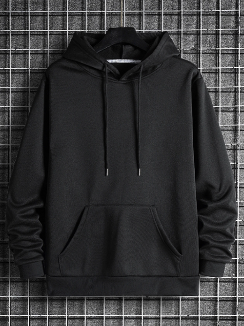 Men’s Black Solid Color Long Sleeve Drawstring Pocket Hoodie