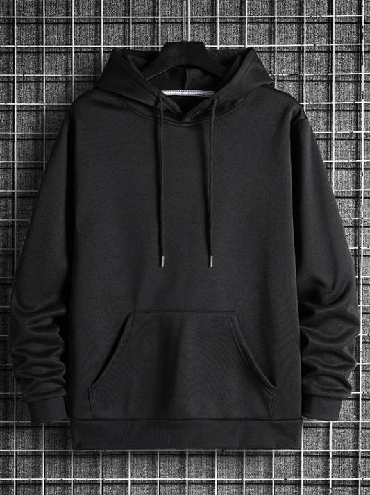 Men’s Black Solid Color Long Sleeve Drawstring Pocket Hoodie