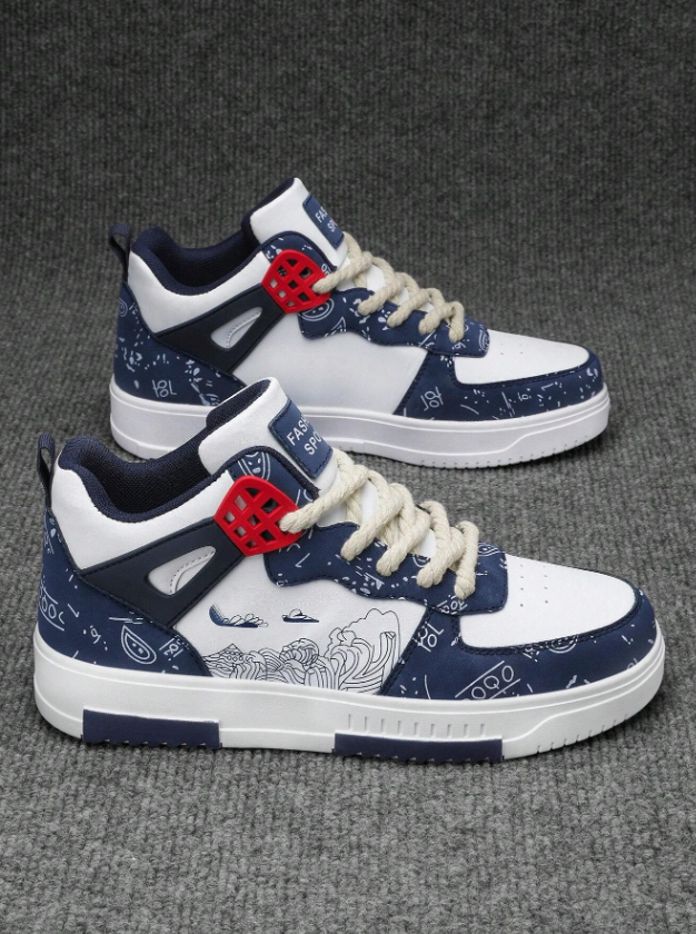 Men’s White and Blue Graffiti Print High Top Casual Sneakers