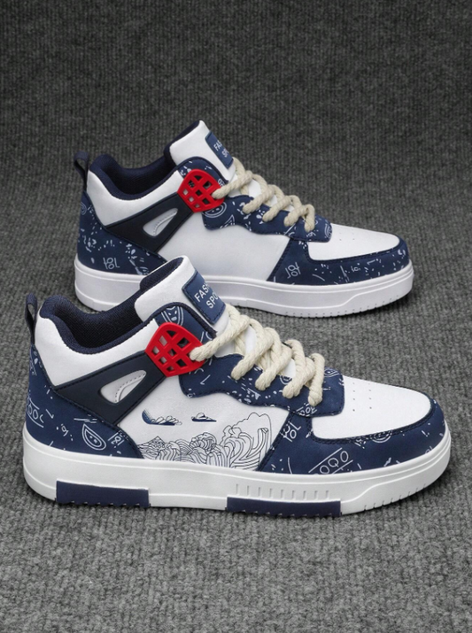Men’s White and Blue Graffiti Print High Top Casual Sneakers