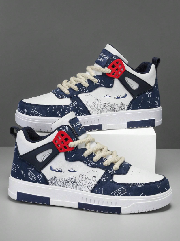 Men’s White and Blue Graffiti Print High Top Casual Sneakers