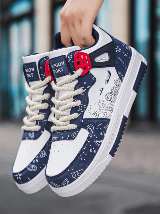 Men’s White and Blue Graffiti Print High Top Casual Sneakers
