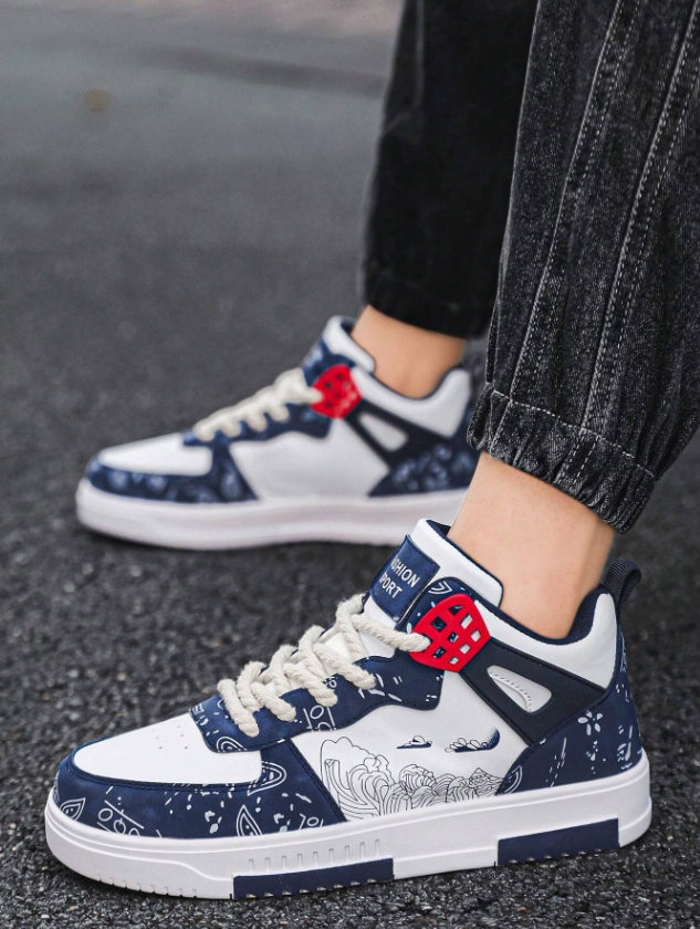 Men’s White and Blue Graffiti Print High Top Casual Sneakers