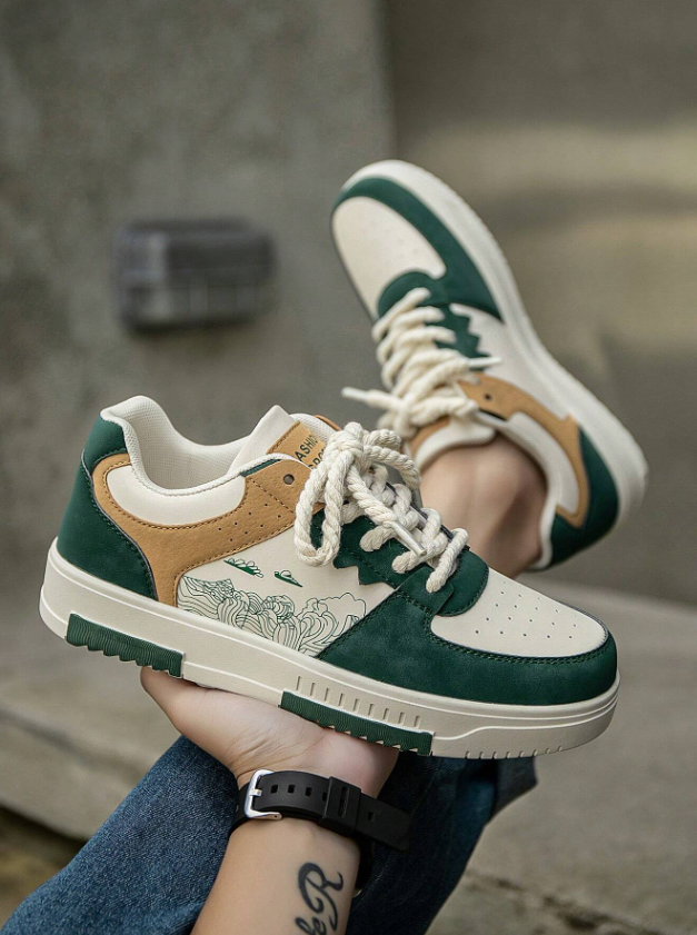 Men’s Green White Random Print Casual Sports Sneakers