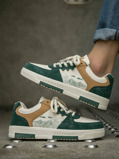 Men’s Green White Random Print Casual Sports Sneakers