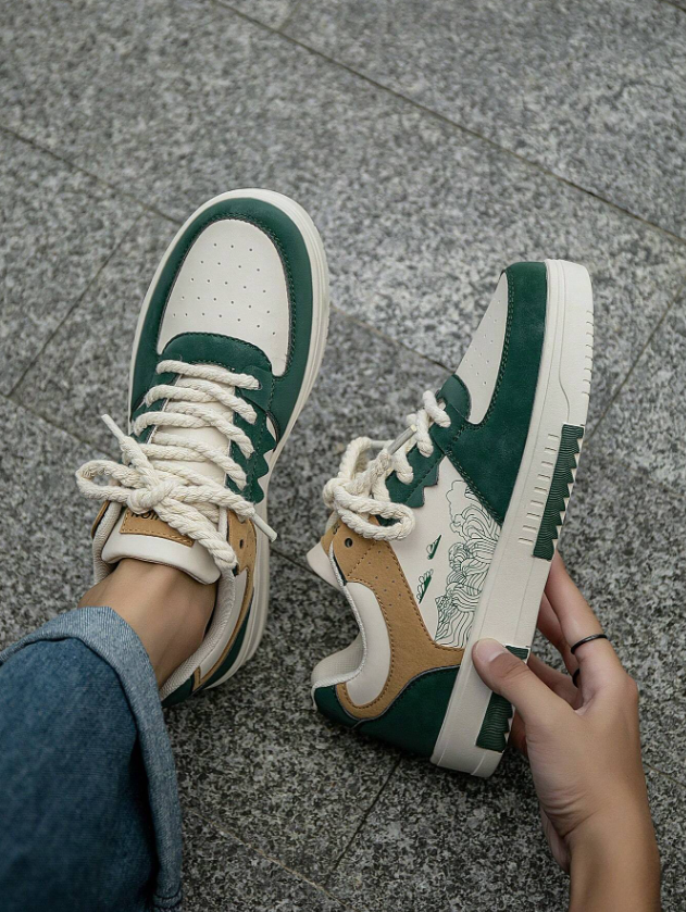 Men’s Green White Random Print Casual Sports Sneakers