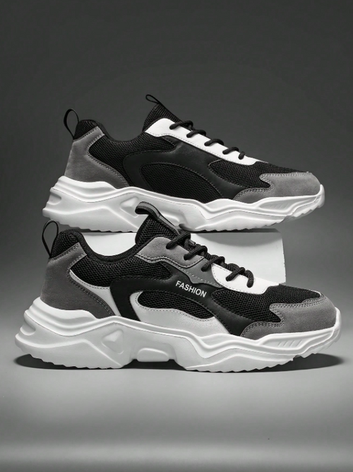 Men’s Letter Print Leather and Mesh Low Top Sneakers