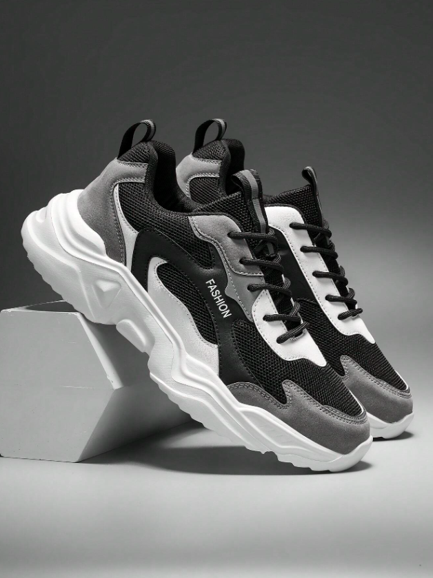 Men’s Letter Print Leather and Mesh Low Top Sneakers