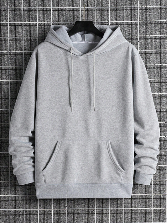 Men’s Grey Solid Color Long Sleeve Drawstring Pocket Hoodie