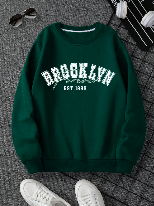 Men’s Green Thermal Sweatshirt with Brooklyn Letter Print