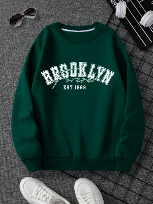 Men’s Green Thermal Sweatshirt with Brooklyn Letter Print