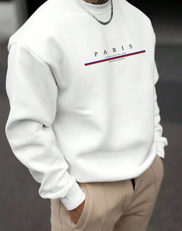 Men’s White Thermal Sweatshirt with Paris Letter Print