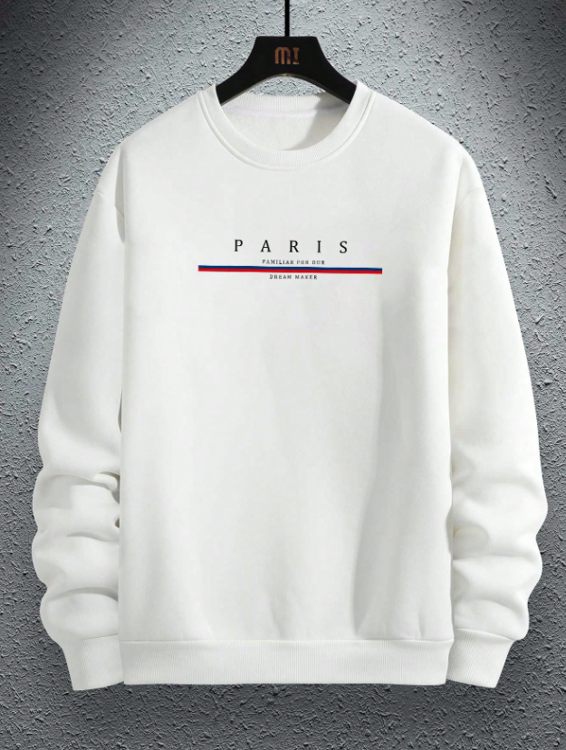 Men’s White Thermal Sweatshirt with Paris Letter Print