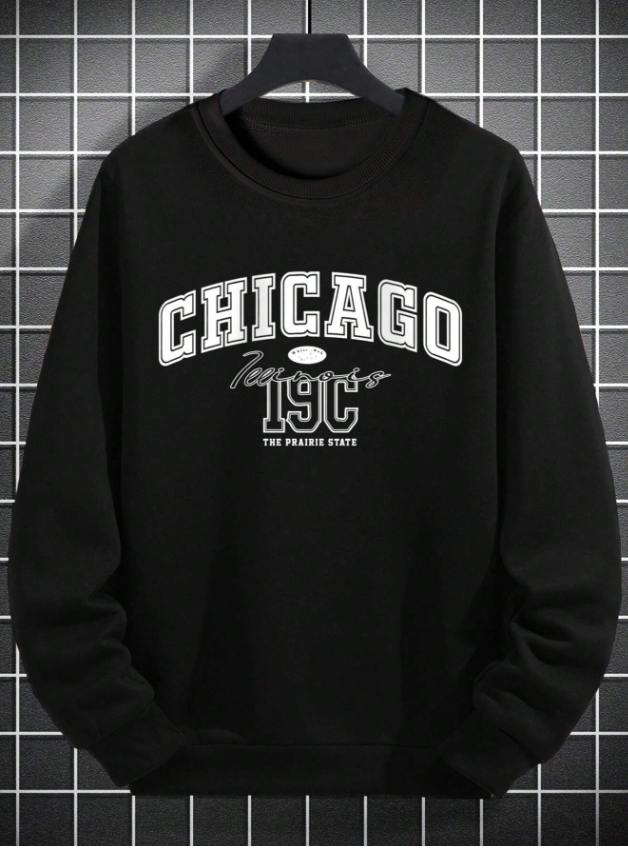 Men’s Black Thermal Sweatshirt with Chicago Letter Print