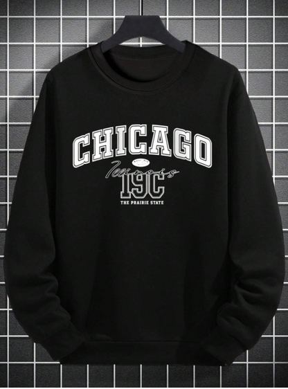 Men’s Black Thermal Sweatshirt with Chicago Letter Print