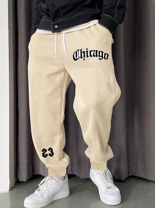 Men’s Cream Sweatpants with Chicago Letter Graphic