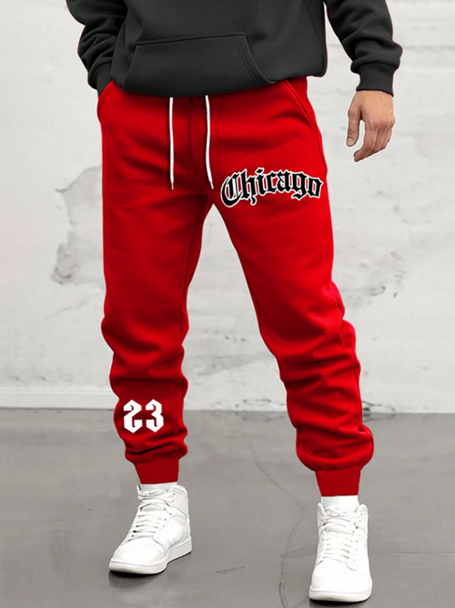 Men’s Red Sweatpants with Chicago Letter Graphic